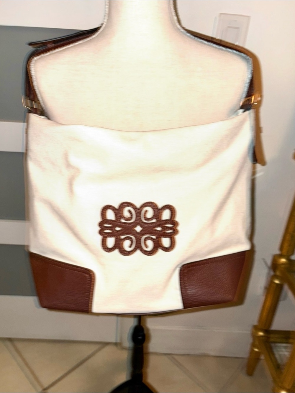 Cream and Brown Canvas Shoulder Tote with faux Leather Accents